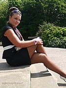 Sexy Karen gets some hot sun on her shiny nylon legs and perfect white stilettos