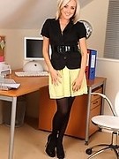 Hot secretary in sexy mini dress with black pantyhose and high heels (Lucy Anne)