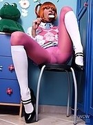 Hot leggy schoolgirl in pink pantyhose