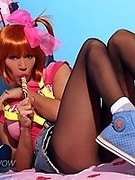 Ruffianly schoolgirl in black tights and sexy white socks shows too much!