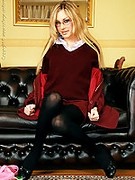 Julia Crown in college uniform, heels and black opaque pantyhose shows her big tits