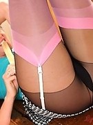 Sexy schoolgirl in pink nylons over black pantyhose (Sunny Barret)